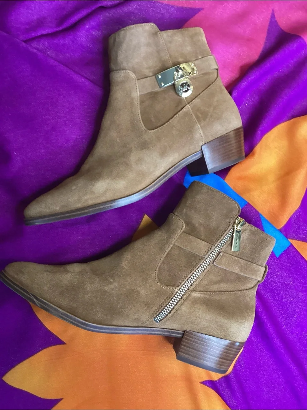 Michael Kors Kieran Taupe Suede Ankle Booties with Gold-Tone Charm 8M